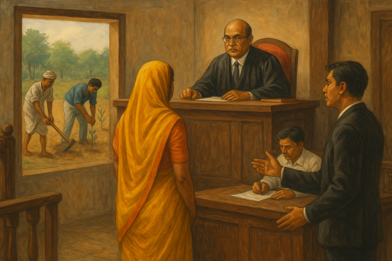 Courtroom illustration of a woman Panchayat representative facing recovery proceedings in Patna High Court over MGNREGA plantation work.