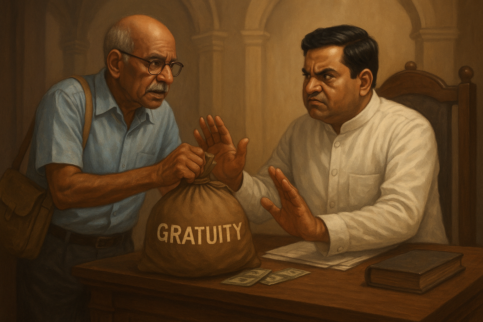 “Courtroom illustration showing dispute over gratuity recovery from retired employee decided by Patna High Court”