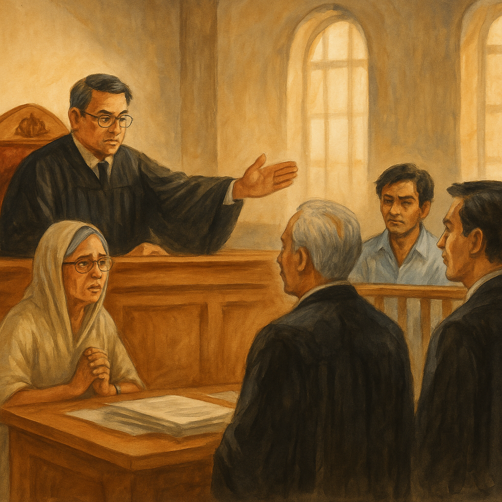 “Courtroom painting showing Patna High Court judge ordering release of pension and gratuity for retired teacher”