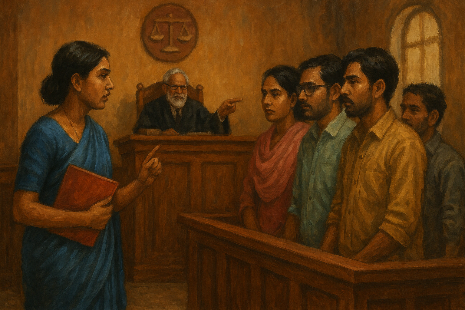 Courtroom painting showing debate on recognition of Women Studies as allied subject in Patna High Court