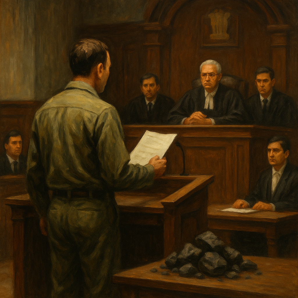 Courtroom painting showing coal industry company challenging indefinite blacklisting before Patna High Court