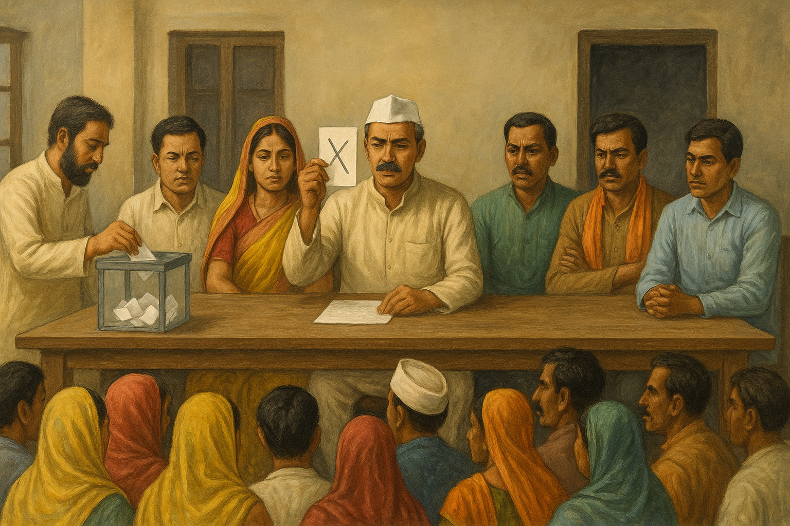 A traditional Indian village meeting scene showing ballot scrutiny during a Panchayat no-confidence vote, as decided by Patna High Court.