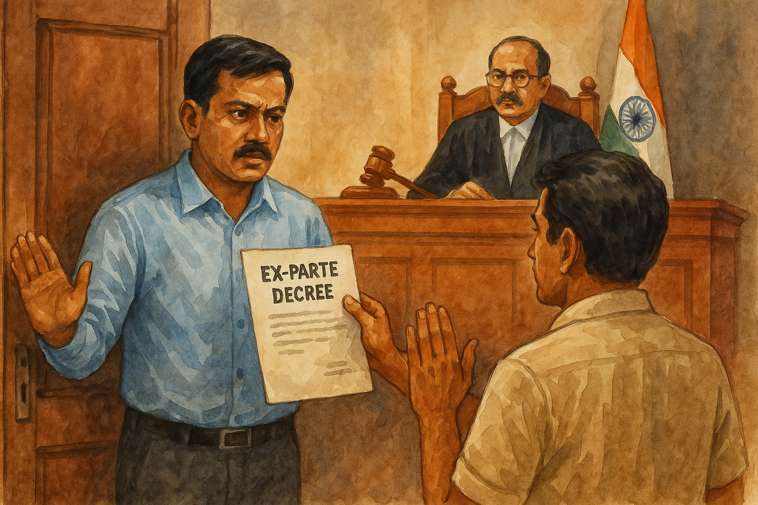 Watercolor illustration showing process server affixing court summons while defendant refuses, depicting service of summons and ex-parte decree dispute in India.