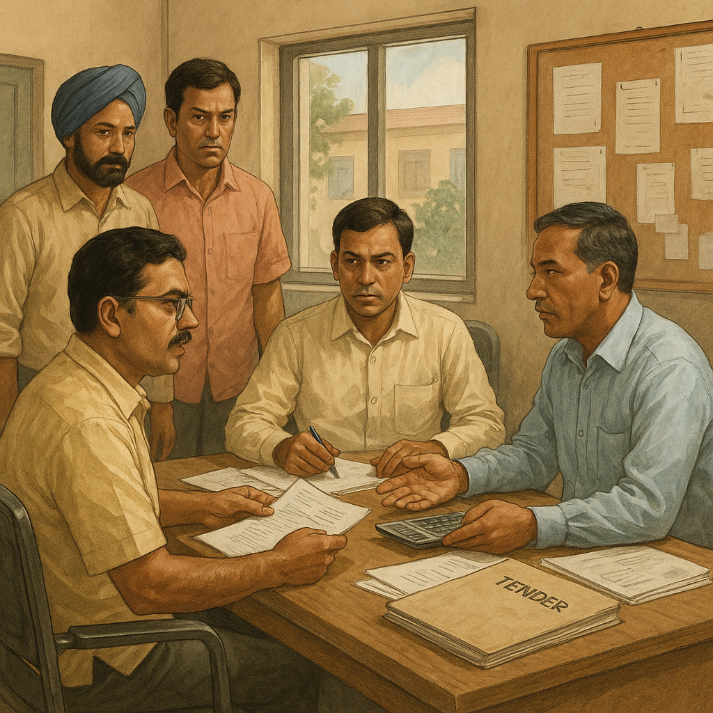 Realistic illustration of government officers and bidders discussing BSFCSC tender negotiation in Bihar district office.