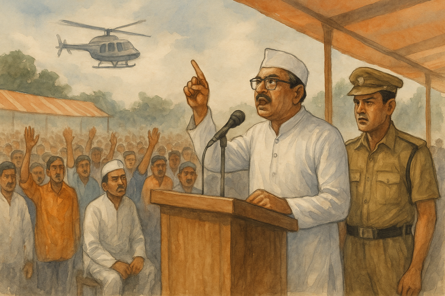 Watercolor illustration of a political rally in India observed by police, depicting election meeting dispute decided by Patna High Court.