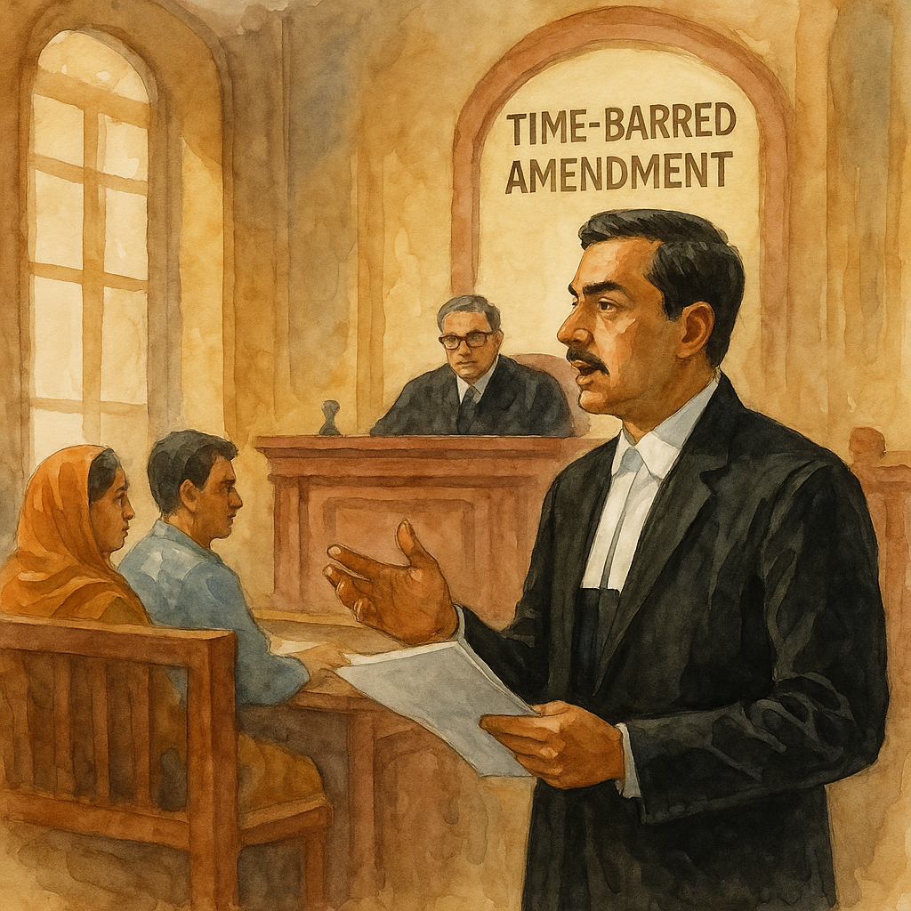 ndian courtroom watercolor showing a lawyer arguing before judge on time-barred amendment under Order VI Rule 17 CPC