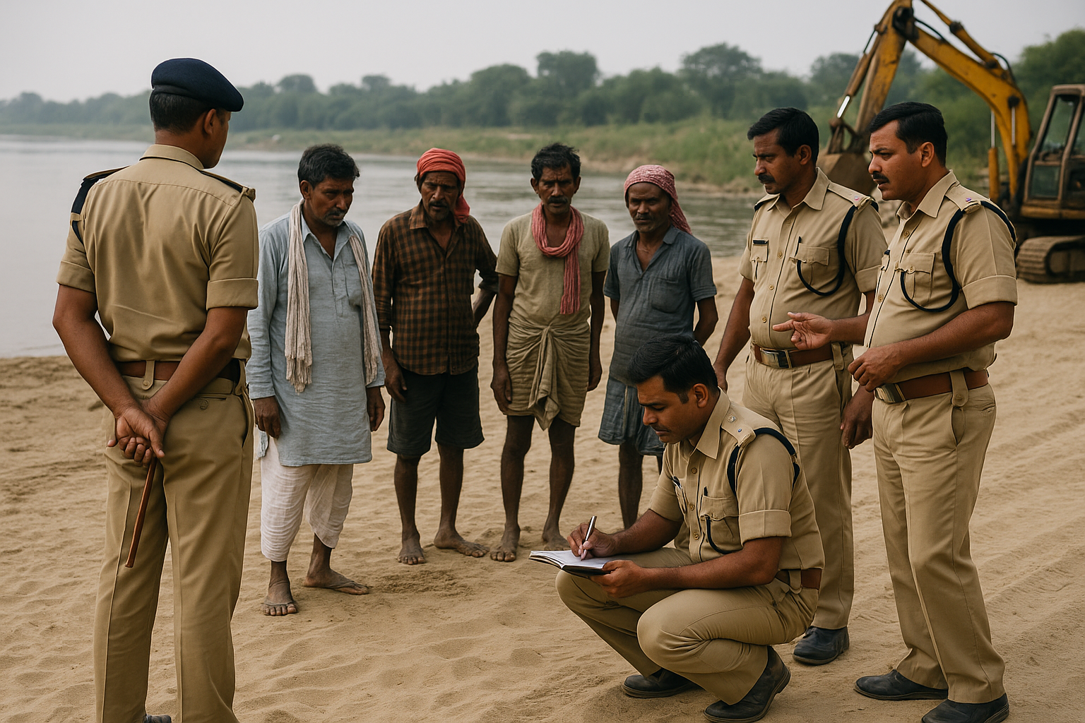 Police investigation scene at a river sand ghat in Bihar related to a Patna High Court cognizance judgment.