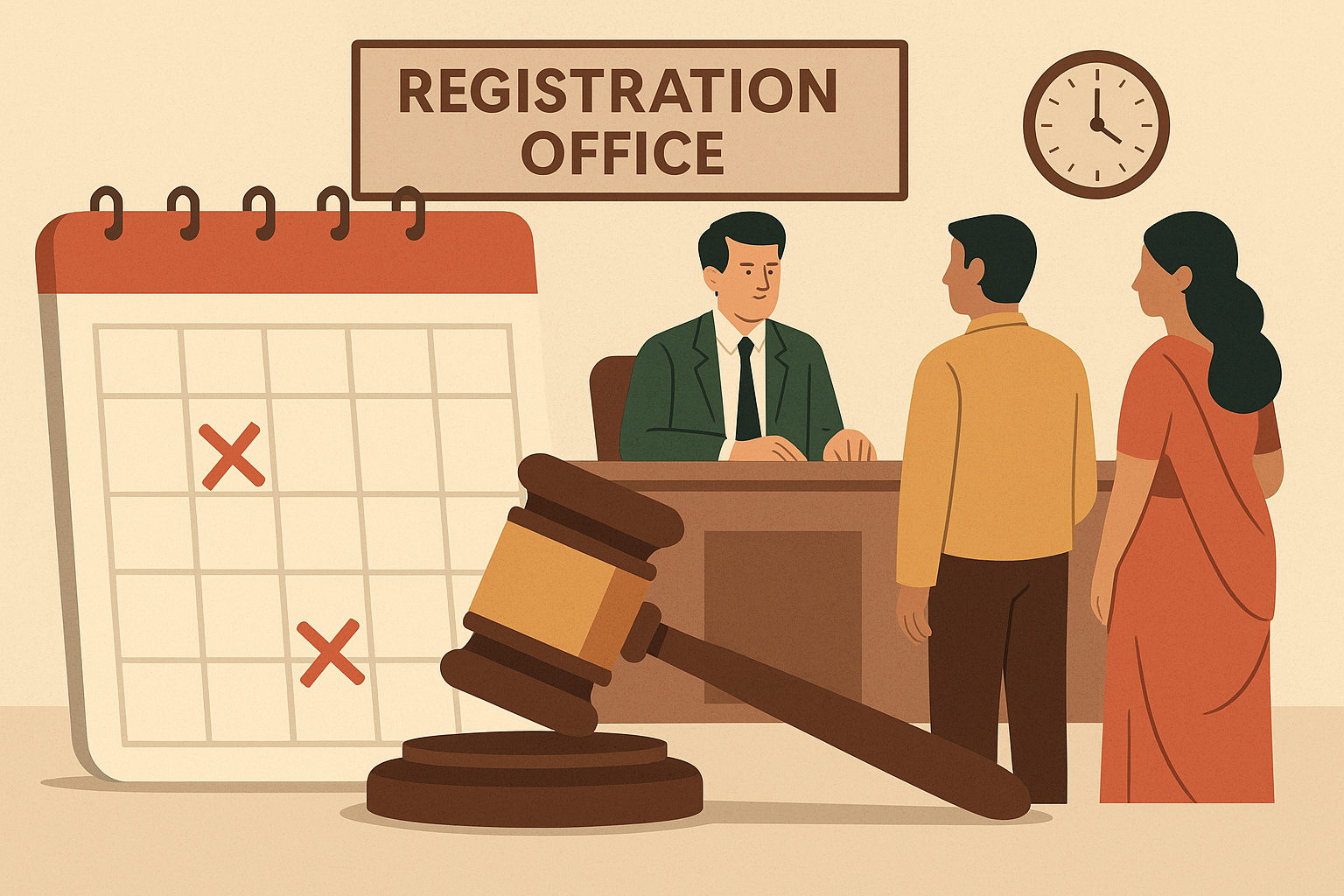 Indian registration office scene showing couple with officer and calendar symbolizing delay in stamp duty demand decided by Patna High Court.