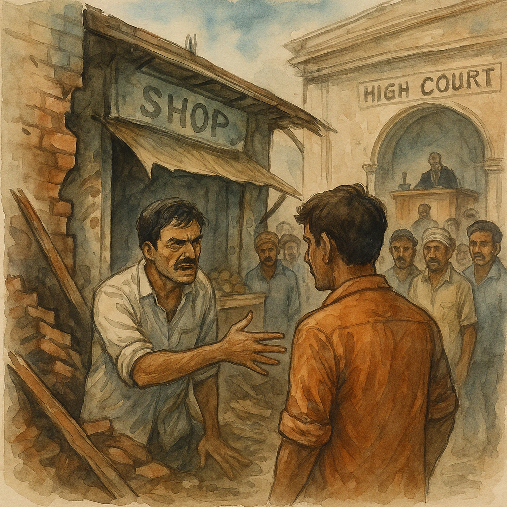 Illustration showing Bhagalpur land and shop dispute before Patna High Court decision on quashing criminal proceedings.