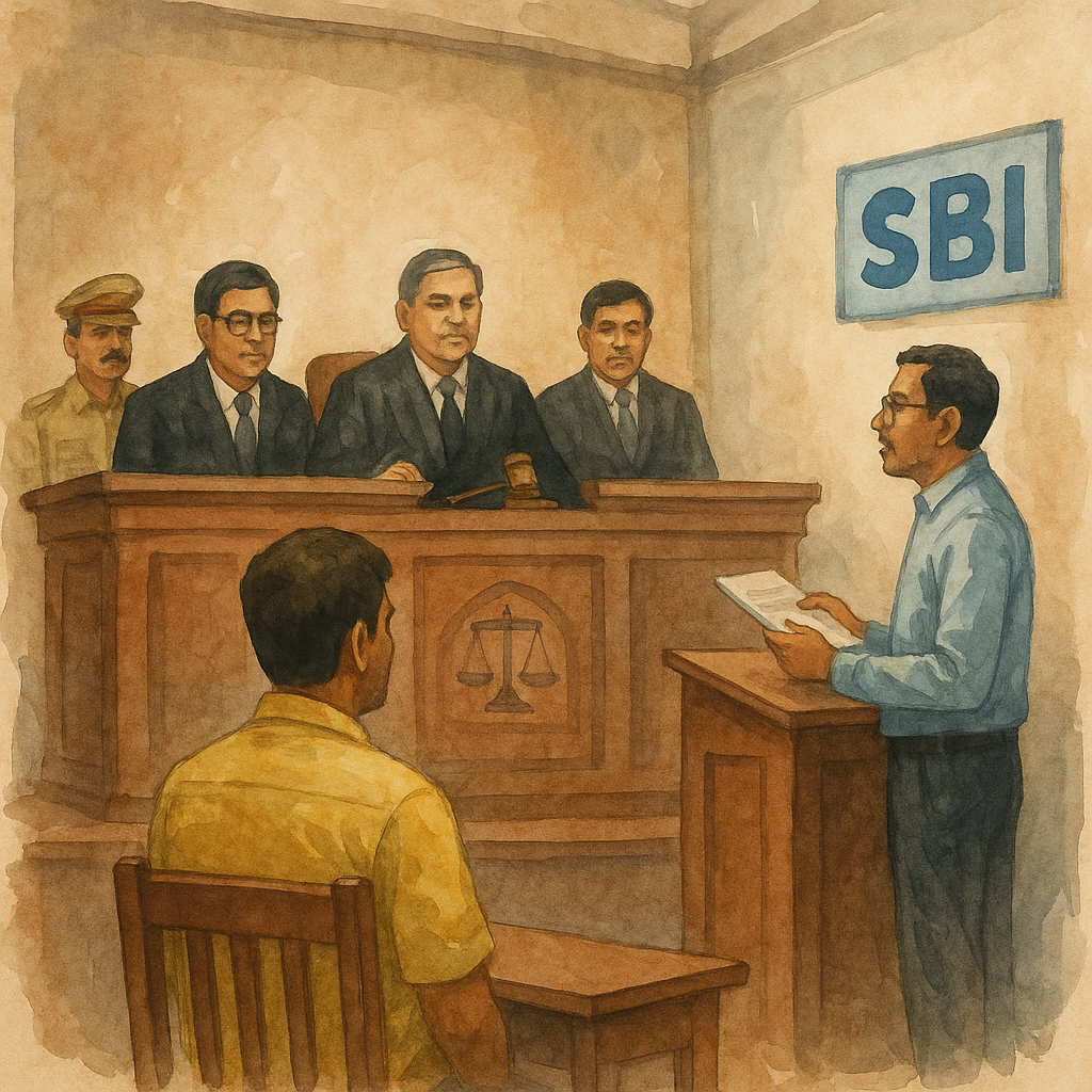Illustration showing an SBI departmental hearing before senior officers, representing Patna High Court judgment on unfair disciplinary action.