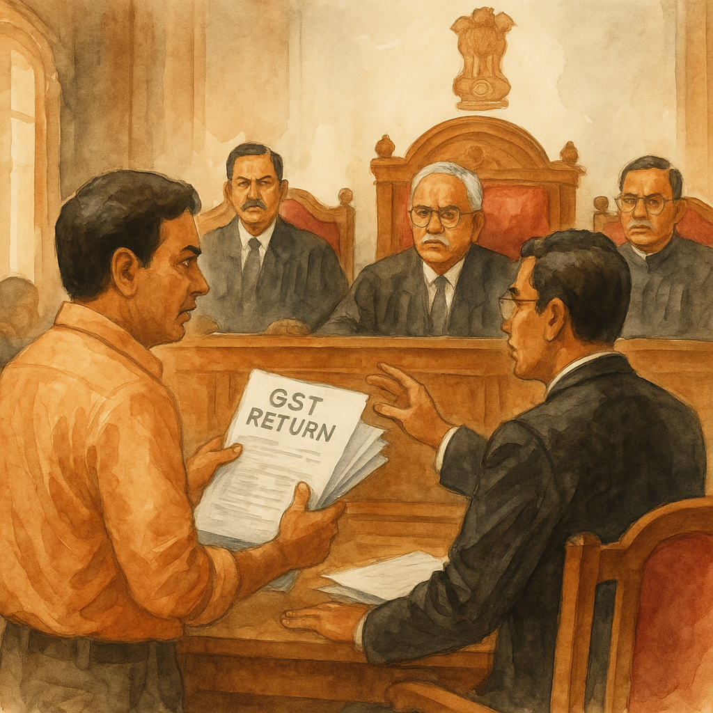 Illustration showing GST dispute hearing before Patna High Court involving interest calculation and taxpayer rights.
