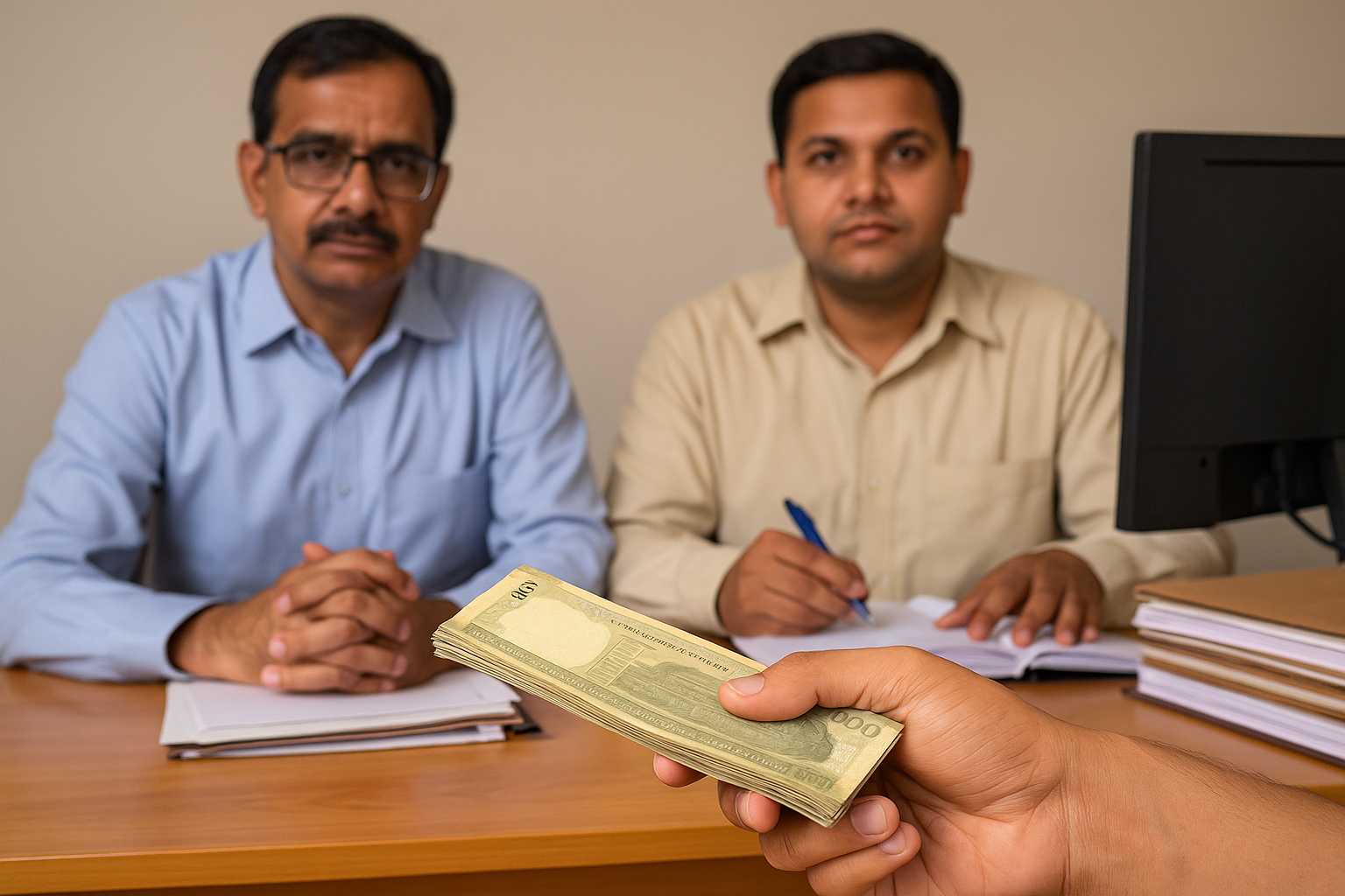 Illustration showing salary payment discussion between Indian clerks and officials representing pay scale parity issue in Bihar
