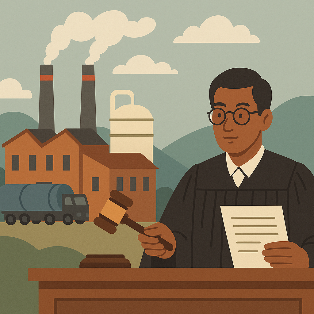 Illustration of an industrial factory and judge symbolizing Patna High Court ruling on BIADA industrial plot cancellation.