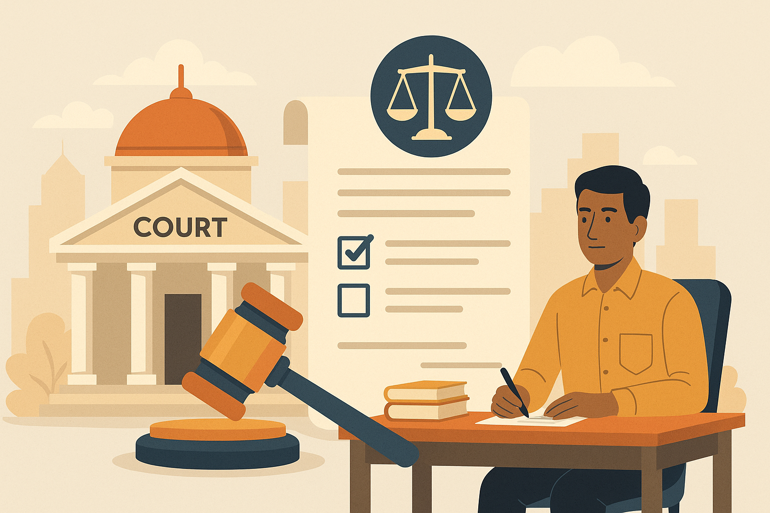 Illustration of court and government employee symbolizing Patna High Court ruling on departmental punishment of Sub-Registrar.