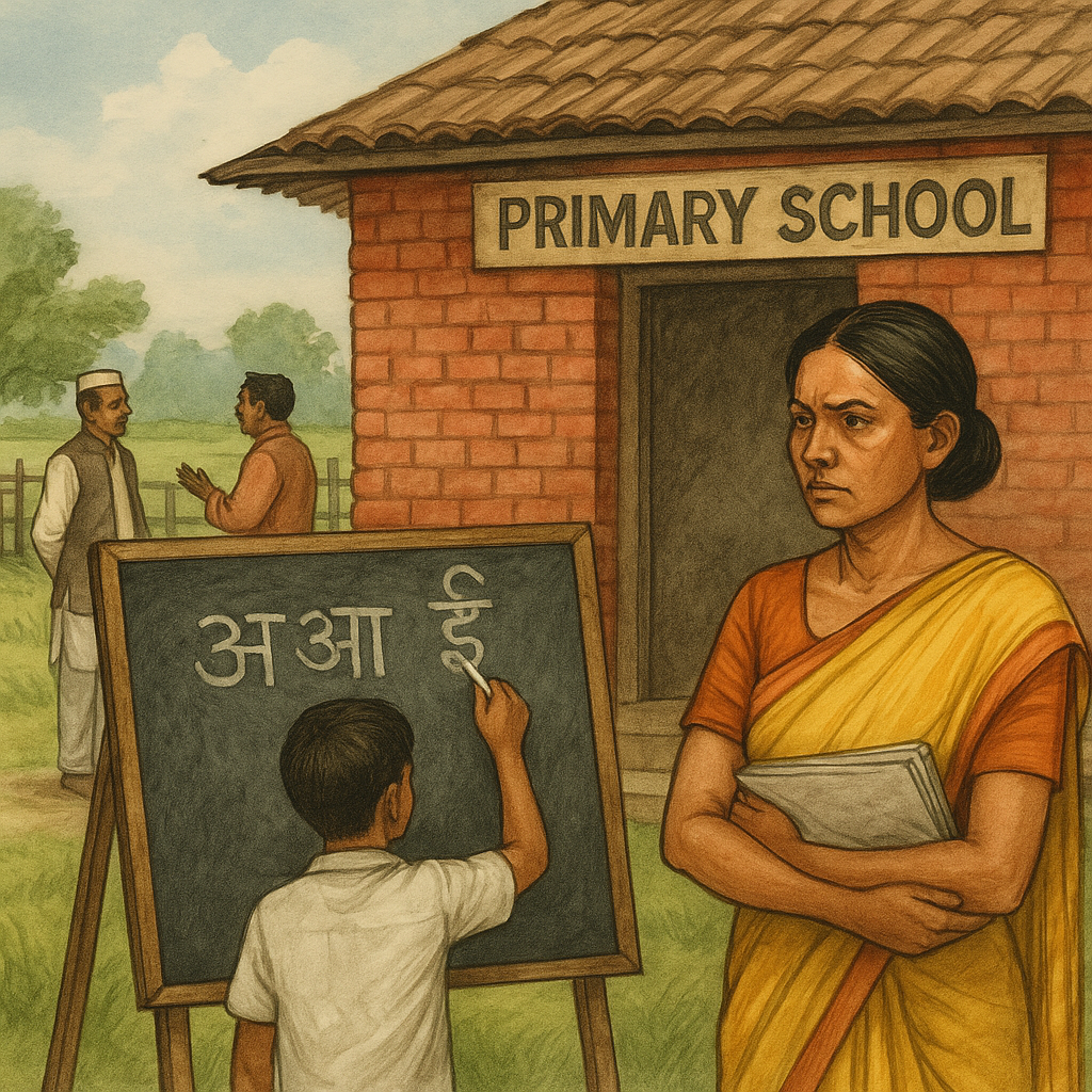 Illustration of a rural Bihar classroom showing dispute over teacher appointment based on Hindi Sahitya Sammelan certificate.
