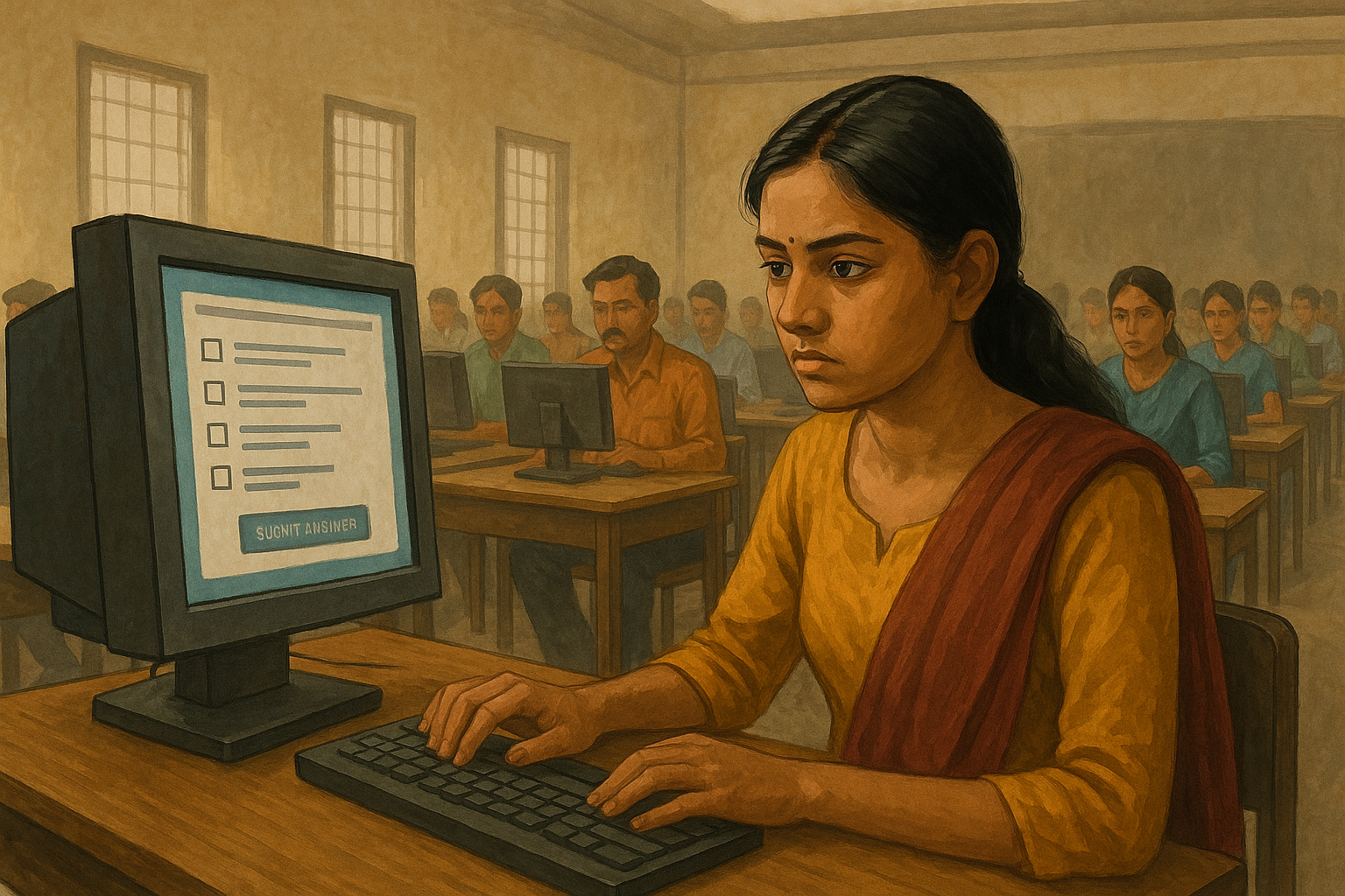 Digital illustration of students giving Bihar STET 2019 online re-exam, reflecting Patna High Court ruling on syllabus dispute.