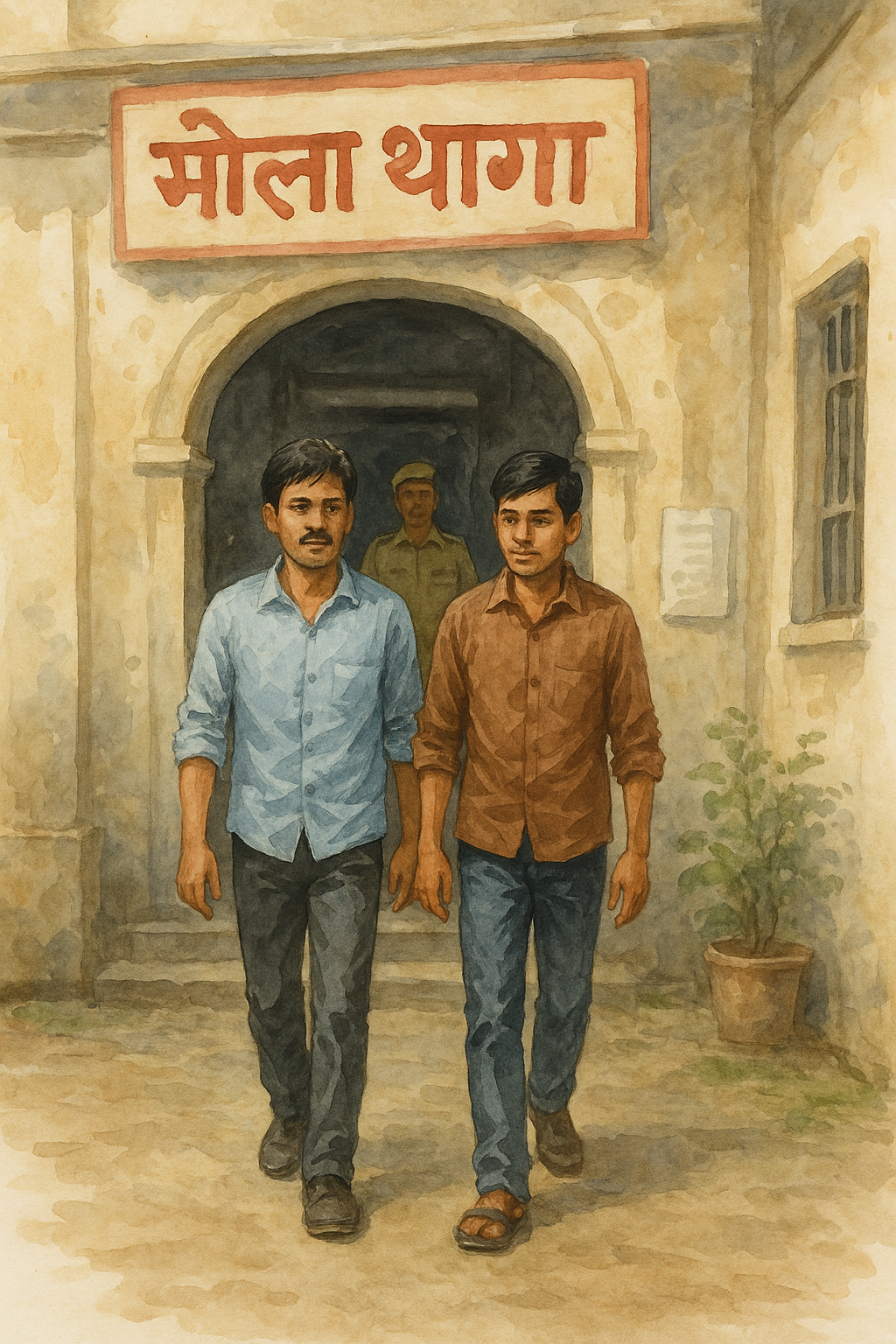 Watercolor illustration showing two men walking out of an Indian courthouse after acquittal, representing Patna High Court’s Gaya abduction case judgment.