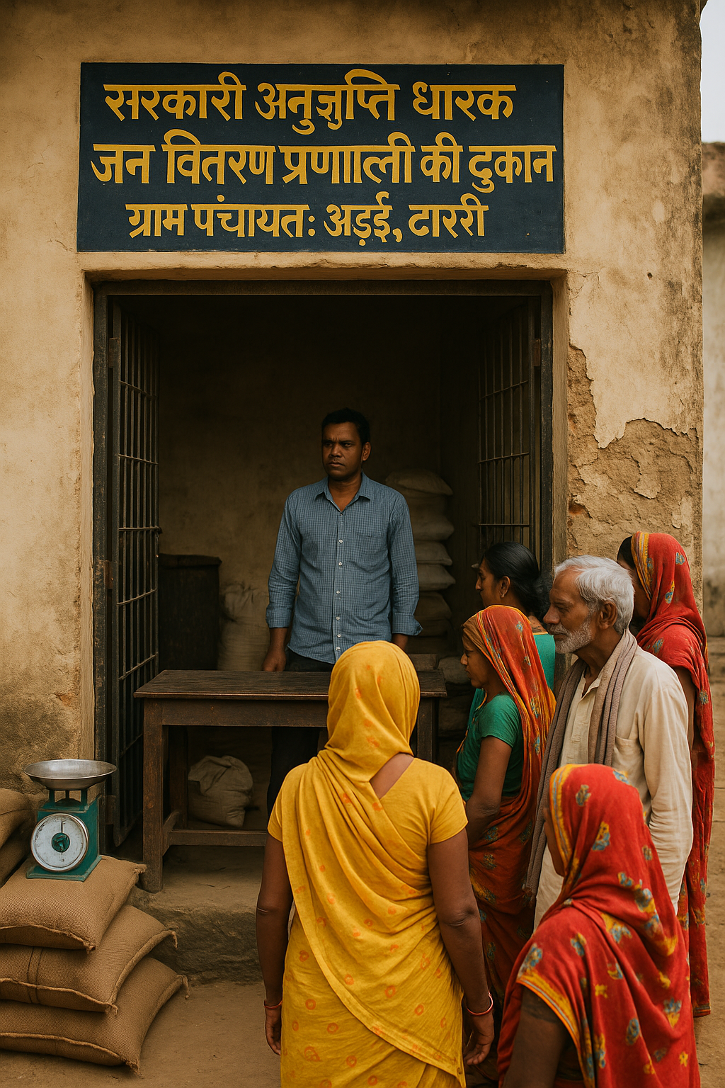 Rural Bihar fair price shop where villagers gather for ration under public distribution system.