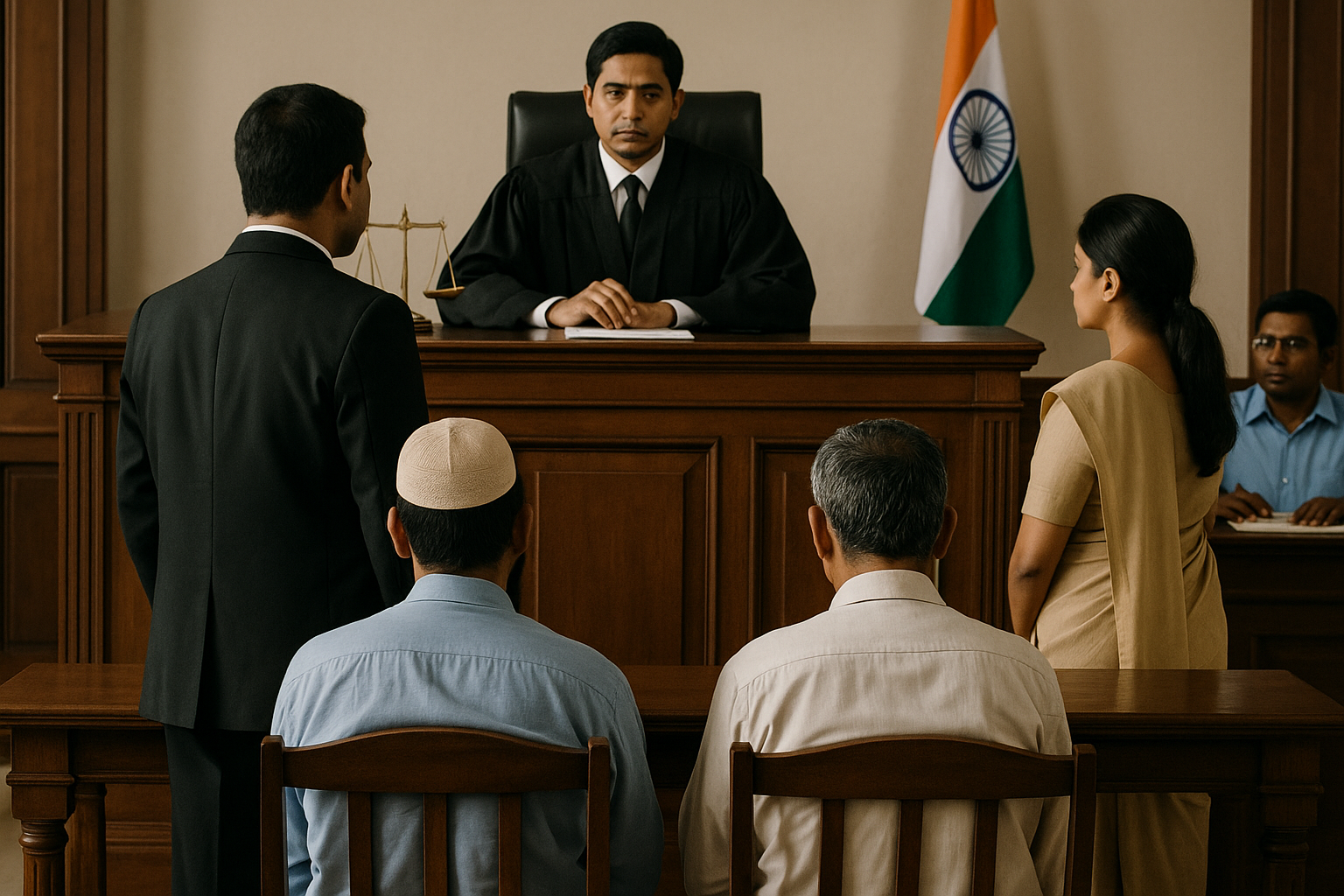 Indian courtroom scene showing a Patna High Court judge delivering verdict in a criminal appeal.
