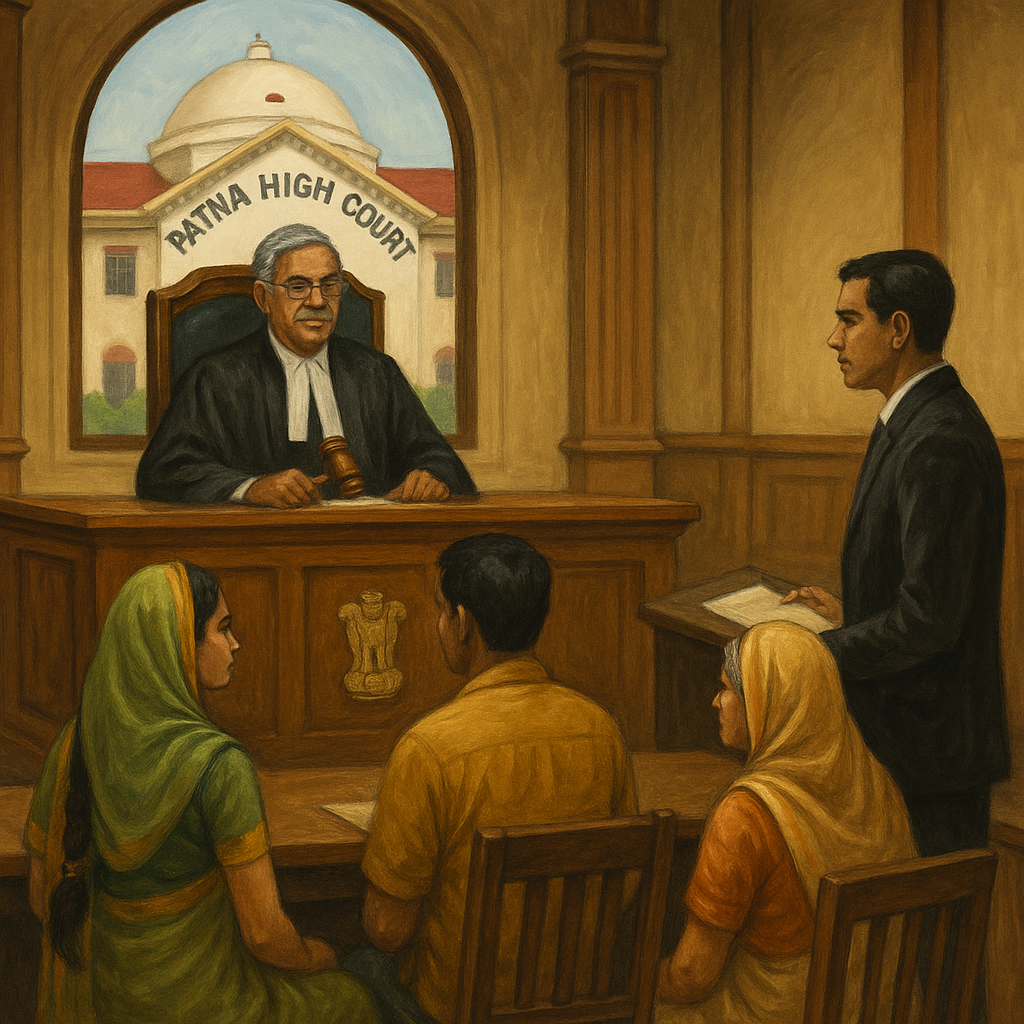 Courtroom painting of Patna High Court where a judge hears a dowry death appeal involving family members.