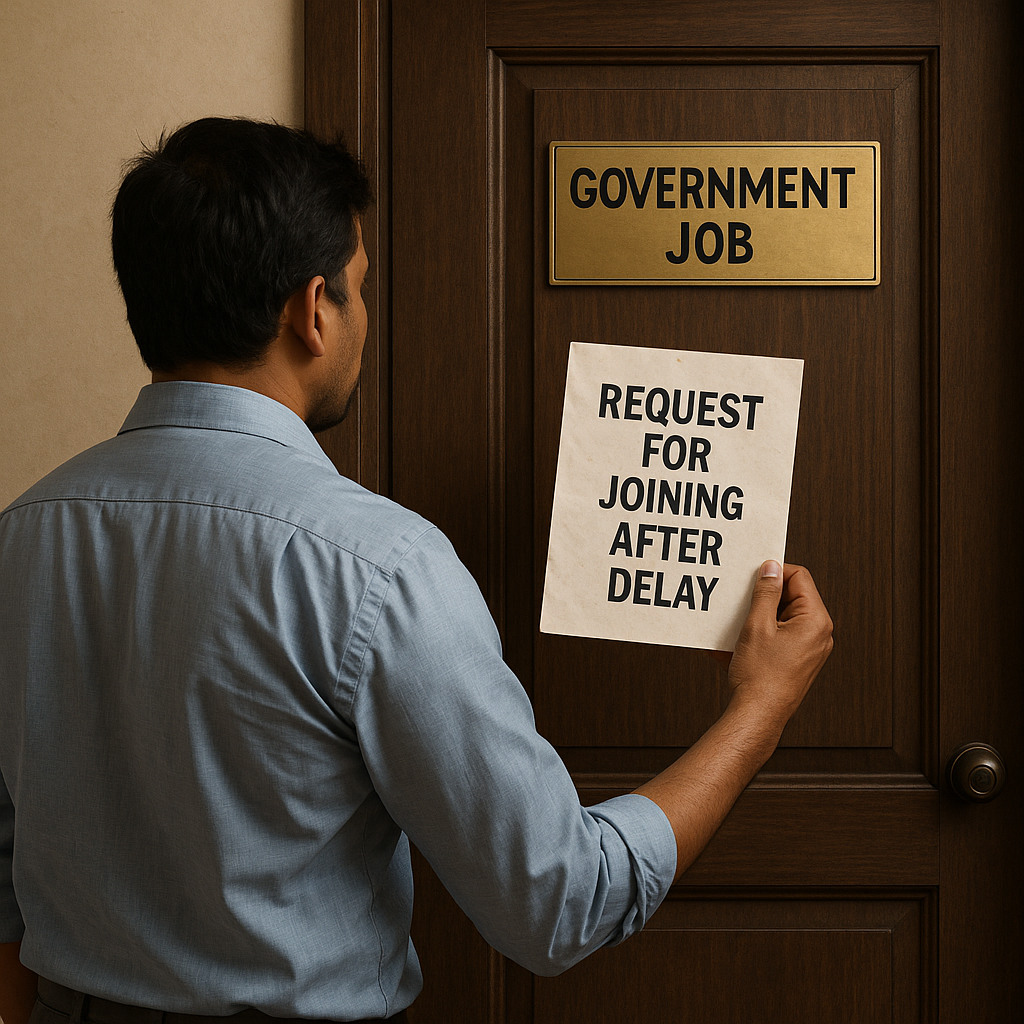 Realistic photo showing a man holding a delayed joining request before a government office door, symbolizing Patna High Court ruling on late job joining.