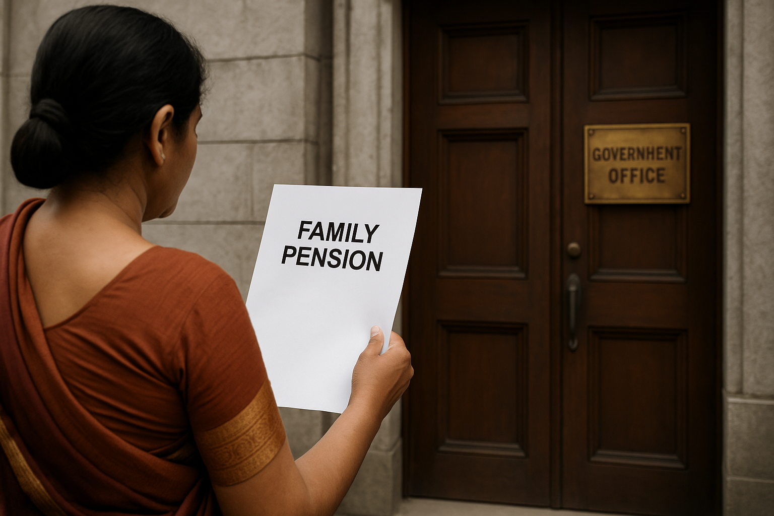 Realistic image of an Indian woman outside a government office holding pension papers, symbolizing Patna High Court ruling on family pension dispute.