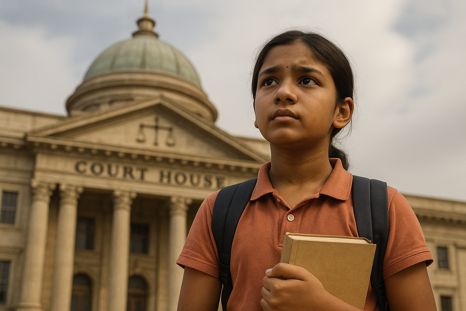 Realistic image of an Indian schoolgirl standing before a courthouse, symbolizing Patna High Court ruling on CBSE revaluation case.
