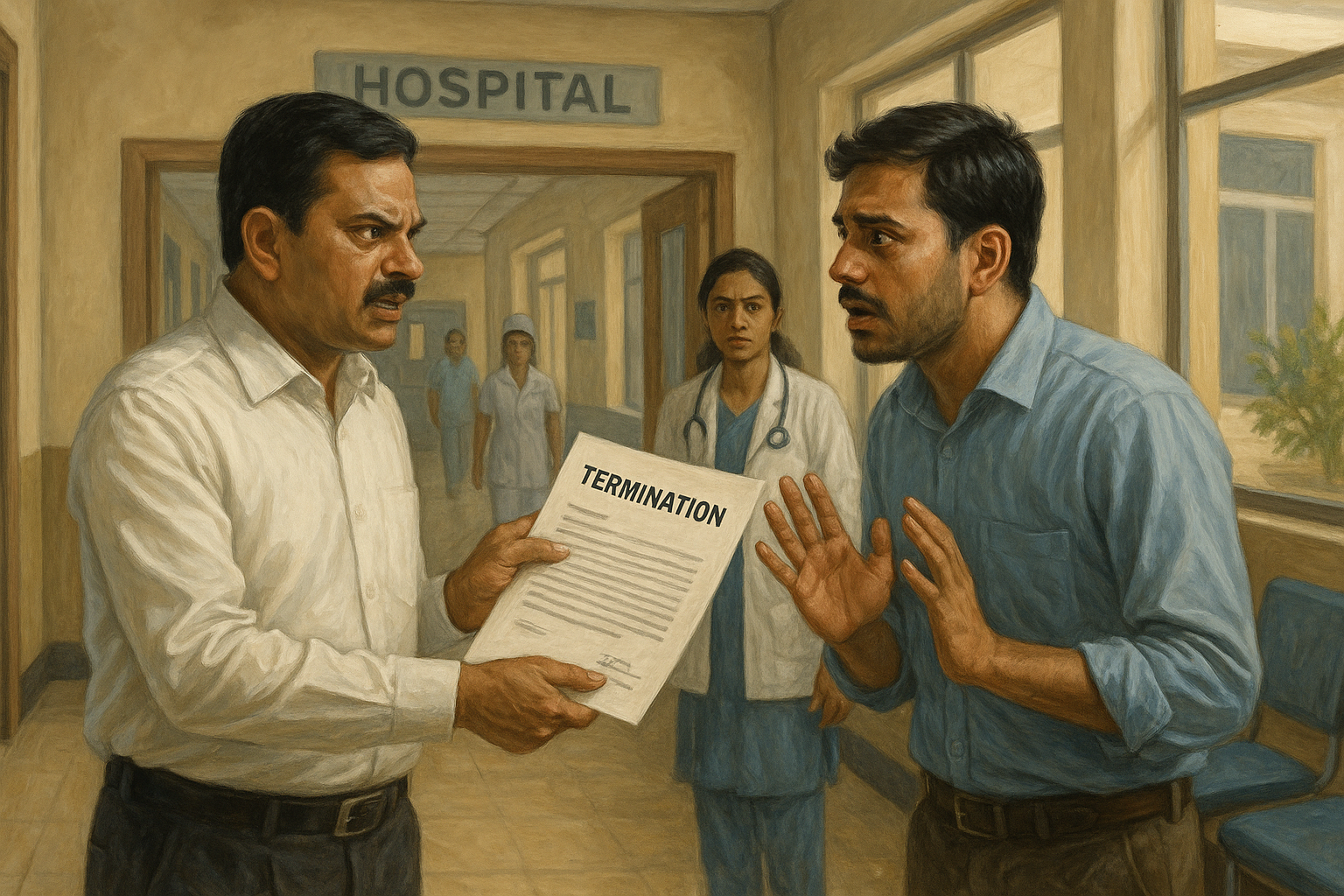 A realistic painting showing a tense moment in an Indian hospital where an officer hands a termination letter to a distressed contractual manager, symbolizing unfair dismissal.