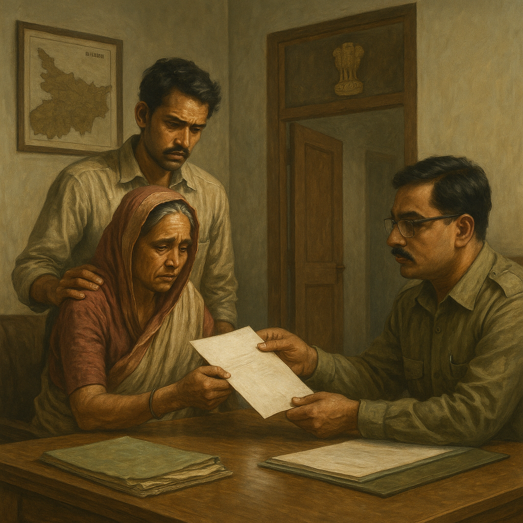 Realistic painting of an elderly Indian widow and her son receiving service benefit documents from a government officer inside a Bihar office.