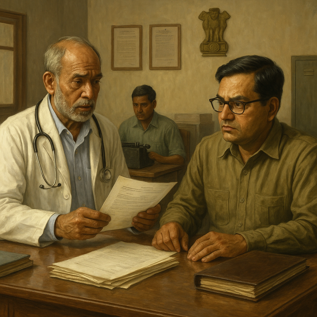 “Realistic painting showing a senior Indian doctor presenting documents to a government official in a Bihar health department office, symbolizing a disciplinary case.”