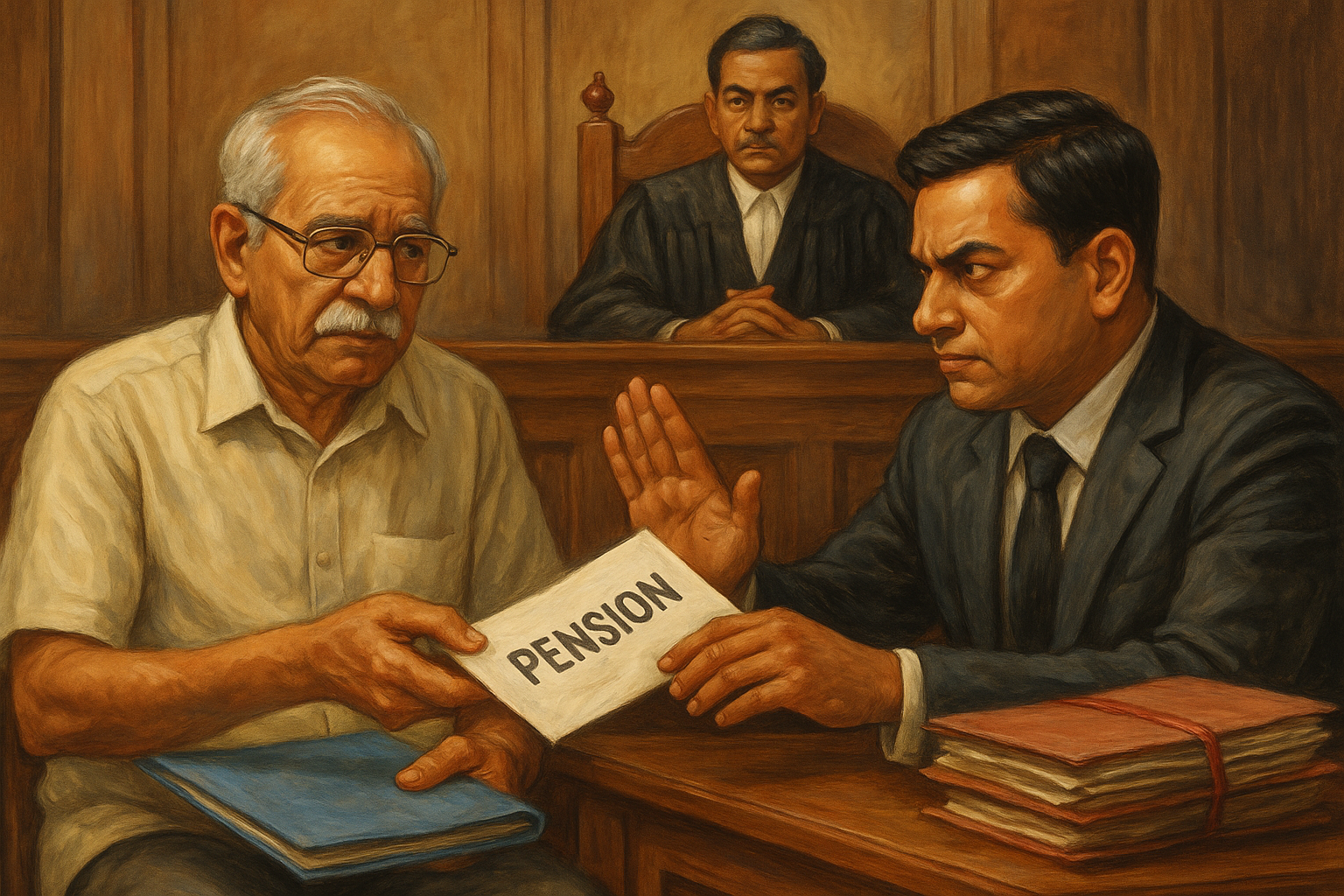 Courtroom illustration showing dispute over recovery from leave encashment of a retired government employee decided by Patna High Court