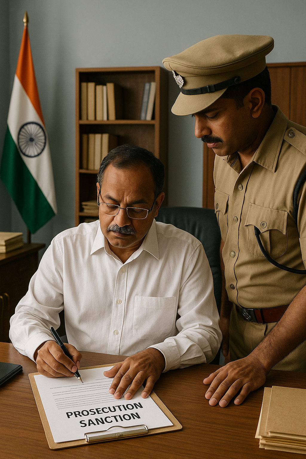 Indian administrative officer signing prosecution sanction document in government office, symbolizing Patna High Court ruling on Section 197 CrPC protection.