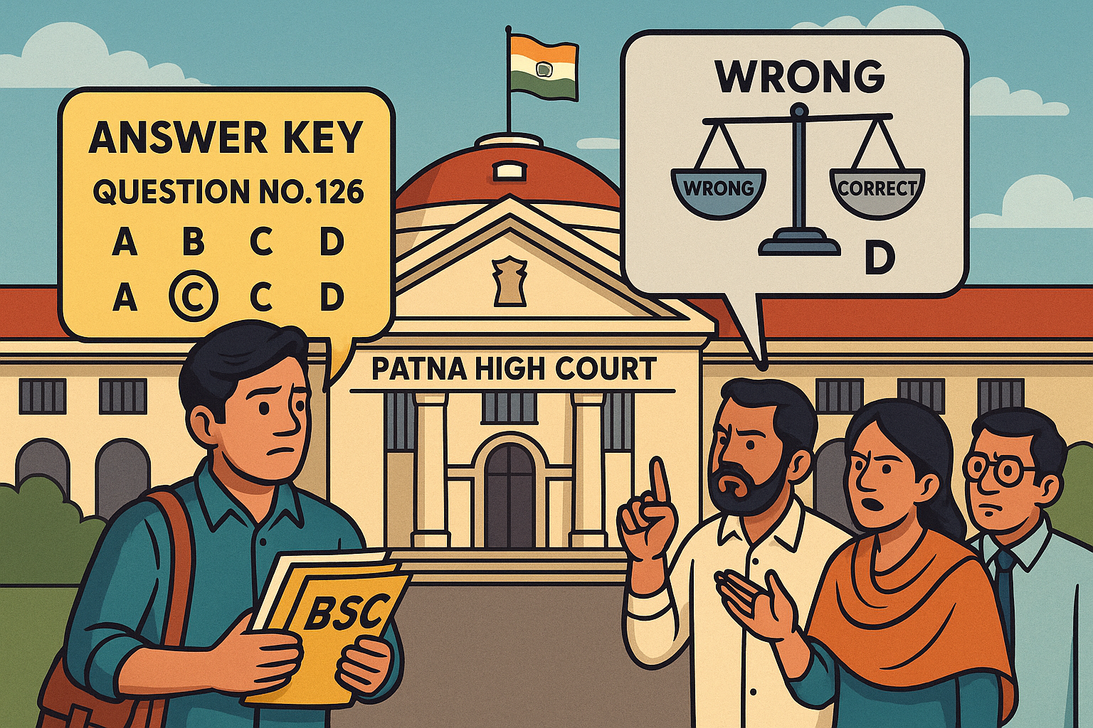 Illustration of candidates outside Patna High Court discussing BPSC answer key dispute representing transparency in exam evaluation.