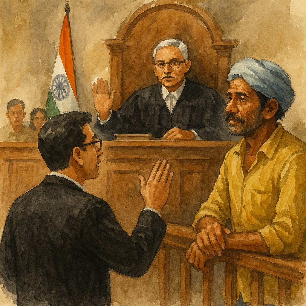 Watercolor illustration of an Indian courtroom where a judge orders reinstatement of a government employee wrongfully dismissed over a pending criminal case.