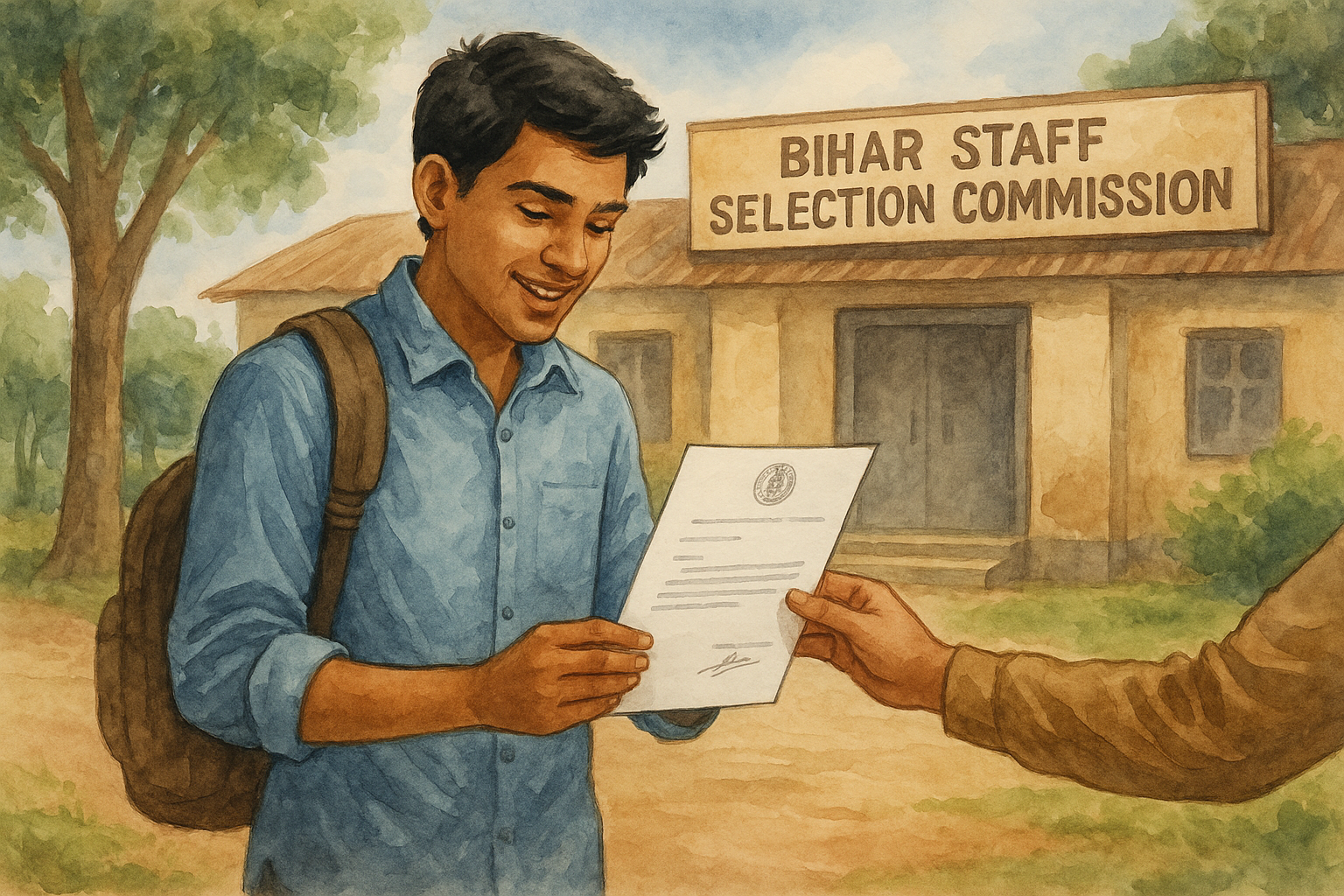 Watercolor illustration of a happy candidate receiving an official letter outside Bihar Staff Selection Commission office after Patna High Court decision.