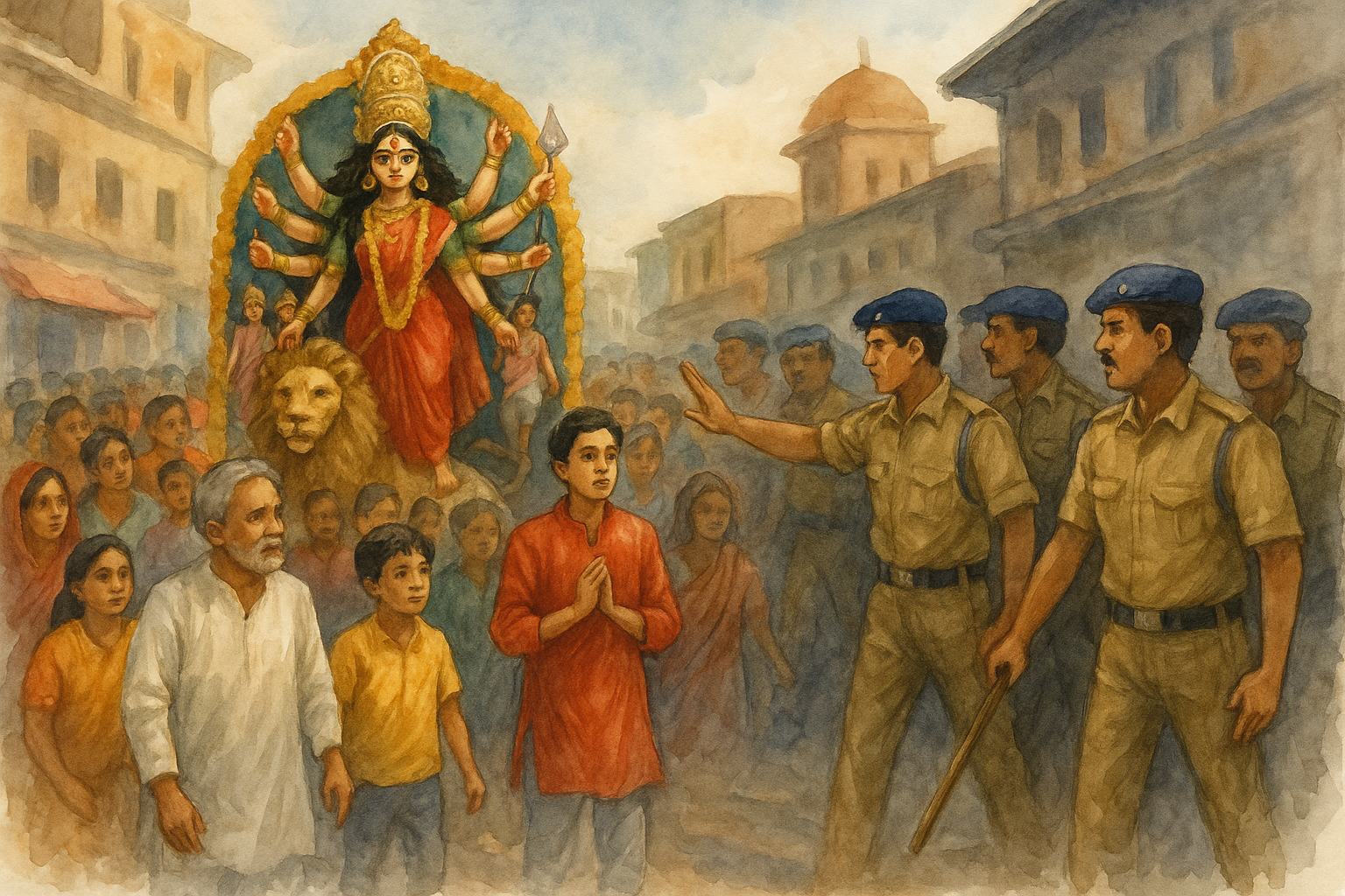 Watercolor illustration of Durga Puja procession in Bihar with police presence symbolizing tension and justice in Munger firing case.