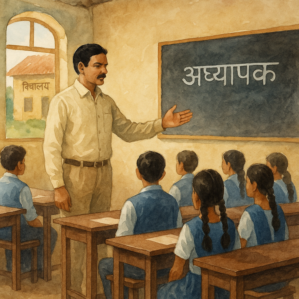 Watercolor illustration of an Indian teacher instructing students in a rural Bihar classroom, symbolizing teacher service rule reforms.