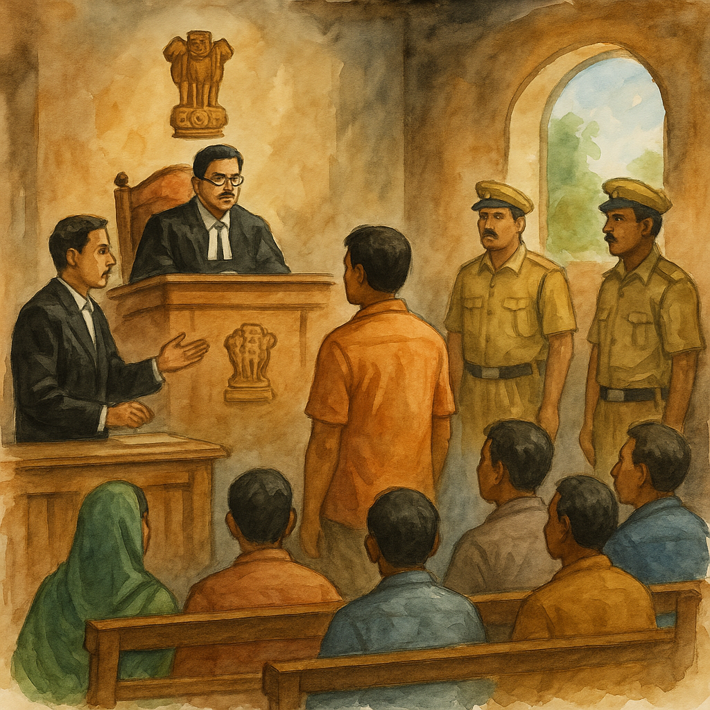 Watercolor illustration of a rural Indian courtroom with a judge, lawyers, and accused during Patna High Court acquittal judgment.