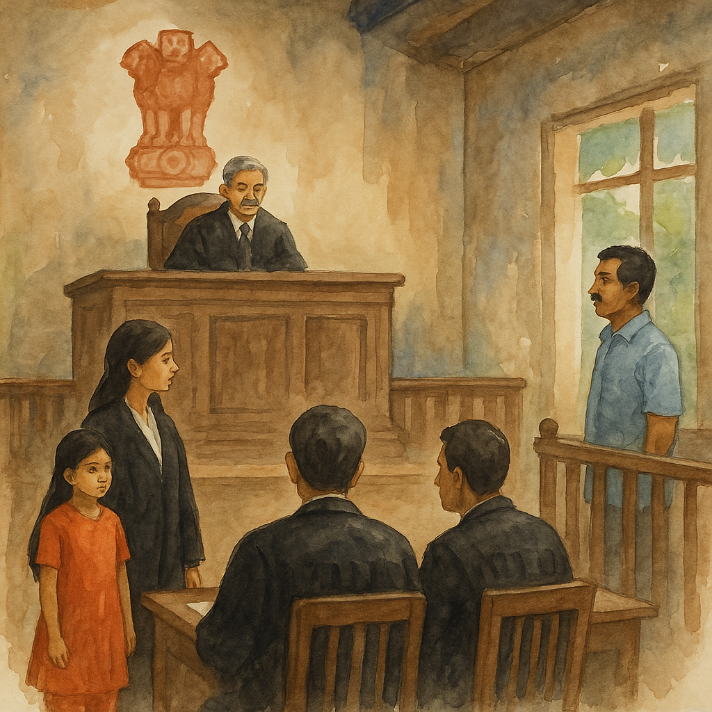 Watercolor illustration of a rural Indian courtroom showing a child victim with a female lawyer before a judge in a POCSO case.