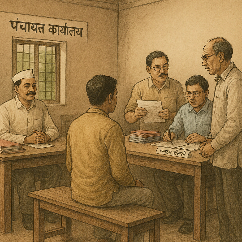 Illustration showing an Indian panchayat office inquiry scene about a government subsidy case, symbolizing departmental proceedings reviewed by Patna High Court.