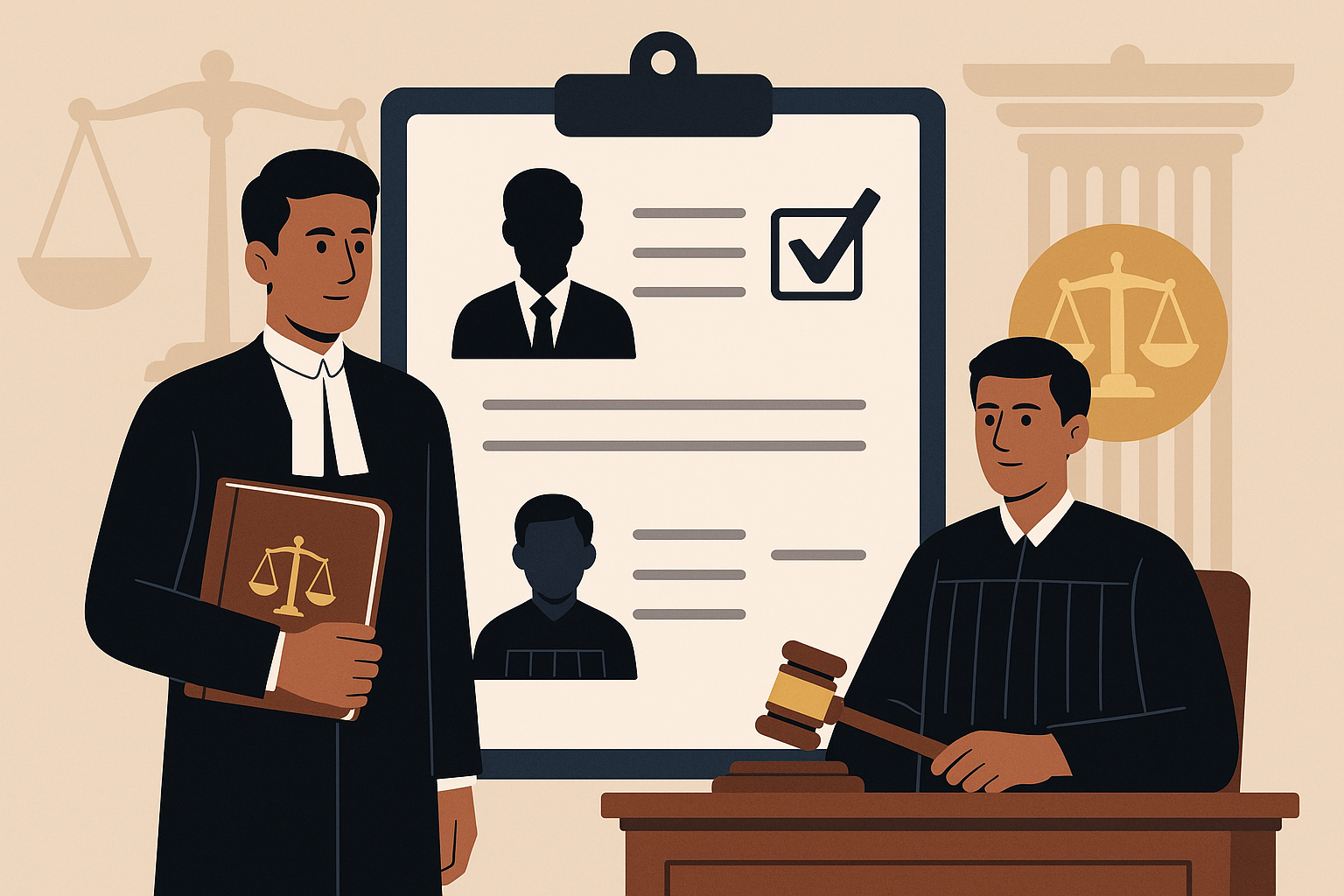 Illustration showing an Indian advocate and judge during judicial recruitment, symbolizing eligibility dispute for District Judge appointment under Bar quota.