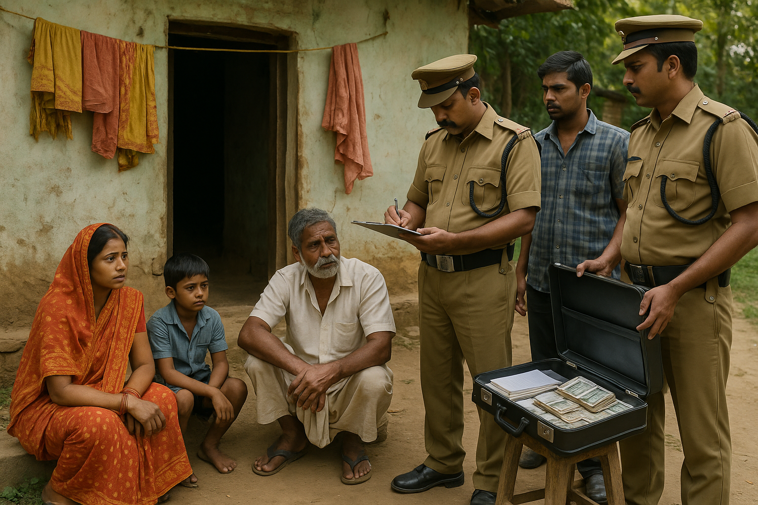 Police officers recording a seizure outside a rural Indian home as a family looks on, symbolizing Patna High Court UAPA judgment on illegal confiscation.