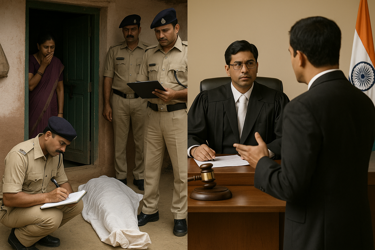 Composite image showing police investigating a death scene in rural Bihar and a judge hearing arguments in court, symbolizing Patna High Court’s ruling on Katihar case.