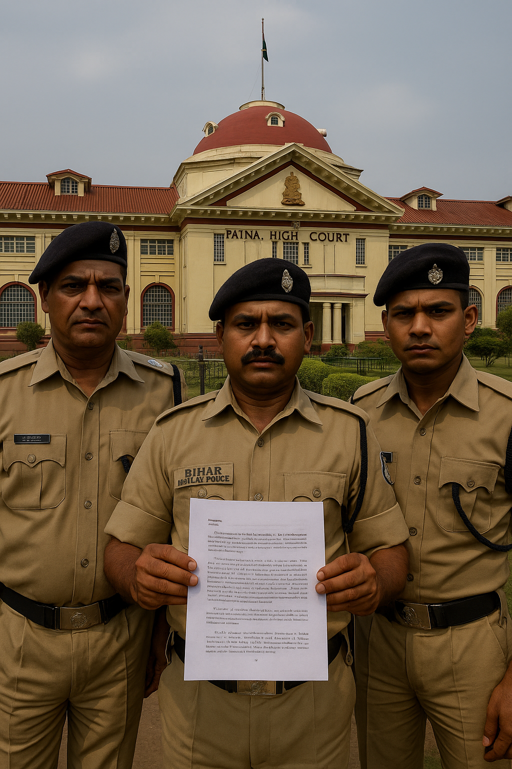 Three Bihar Military Police officers in khaki uniforms holding documents outside Patna High Court, symbolizing judgment on ACP recovery.