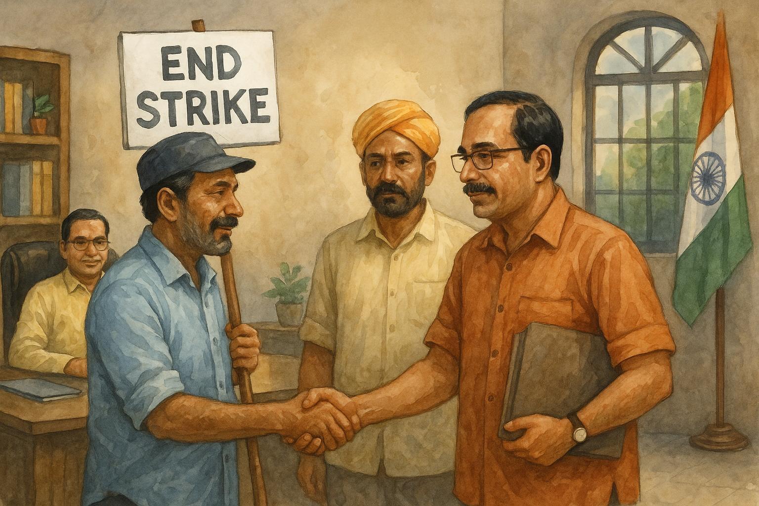 A watercolor illustration showing employees ending a strike after discussions in an Indian government office, symbolizing conflict resolution and court-led dialogue.