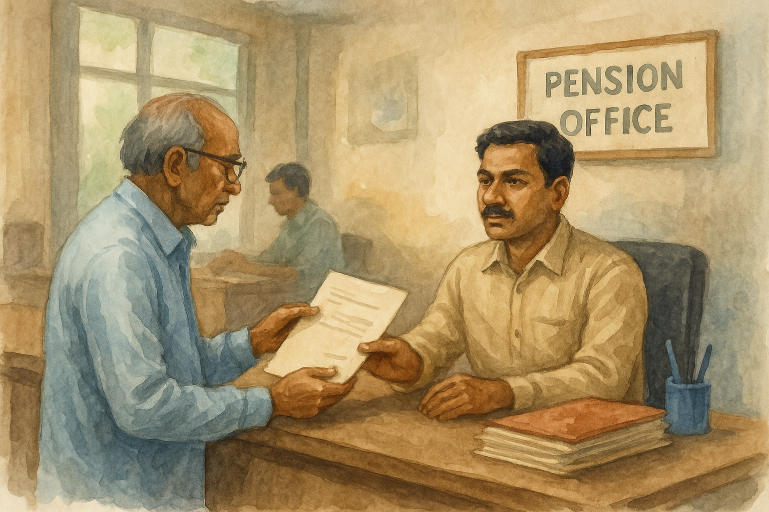 A watercolor illustration showing an older Indian man receiving pension-related documents from a government officer inside a Bihar pension office, representing the Patna High Court’s ruling on ex-servicemen pension rights.