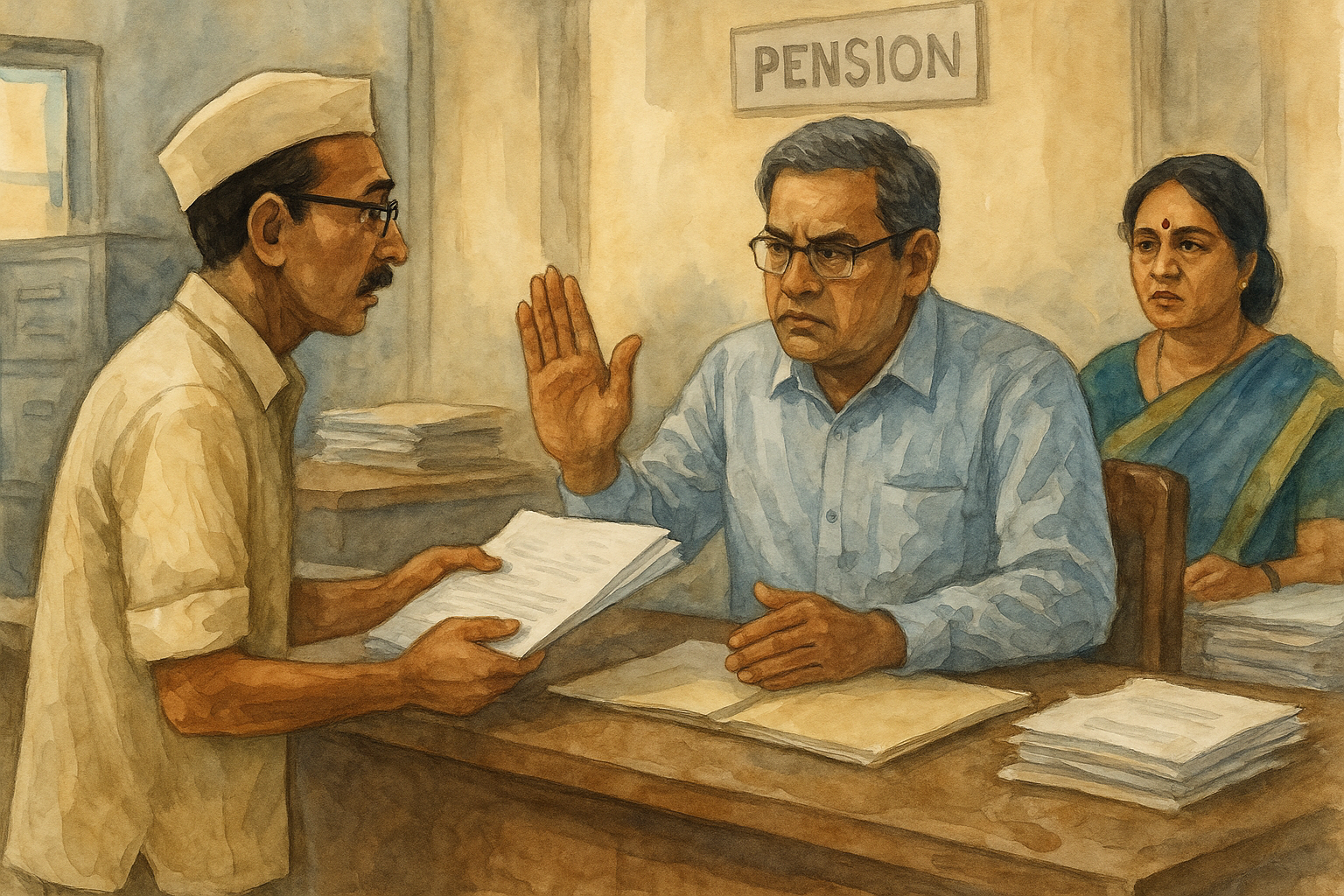 A watercolor illustration showing a government officer refusing pension documents from an anxious employee inside a Bihar pension office, depicting denial of pension after dismissal from service.