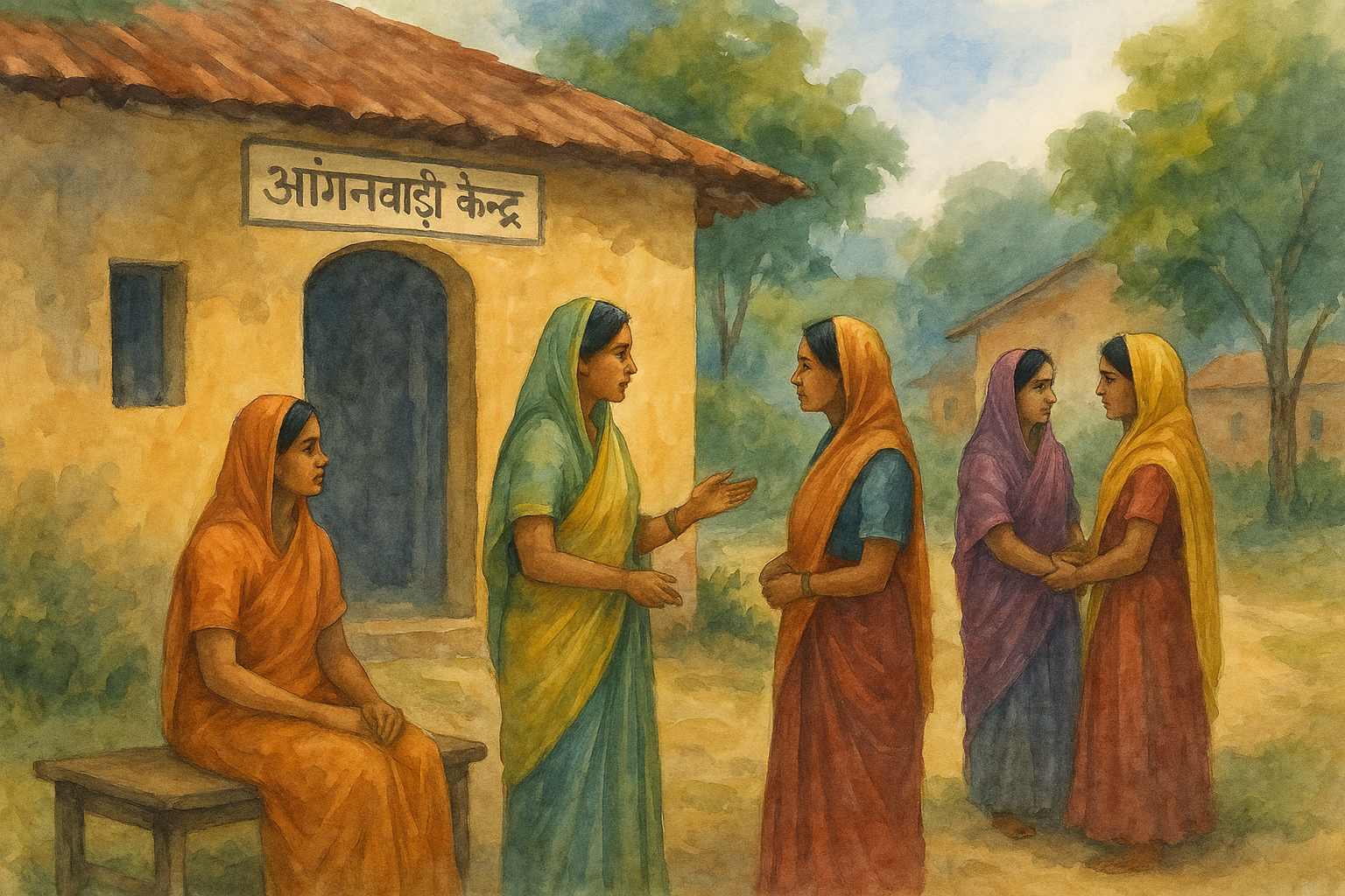 Courtroom illustration showing Patna High Court decision on Anganwadi Sevika residence eligibility and fresh recruitment in Bihar.