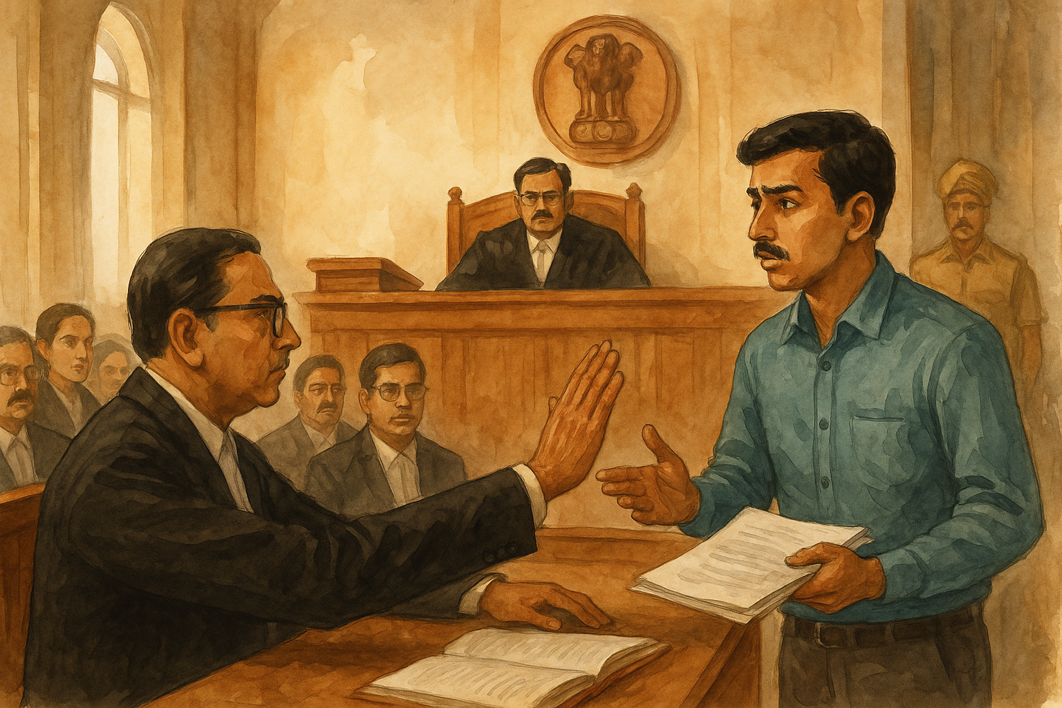 Watercolor courtroom illustration showing candidate denied consideration for missing original document during judicial service interview at Patna High Court.