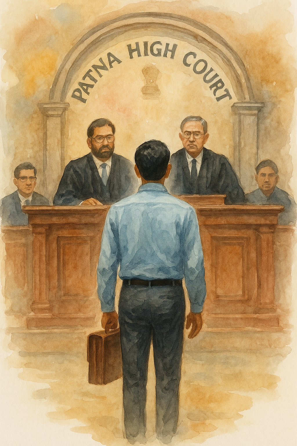 Watercolor illustration of a small businessman seeking justice in Patna High Court after GST order passed without hearing.